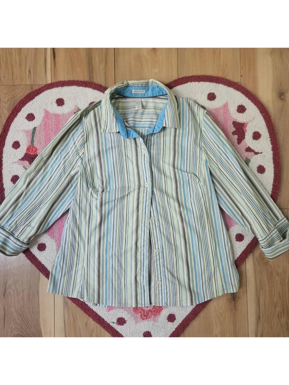 y2k vtg striped fitted button down 3/4 sleeve top xxl